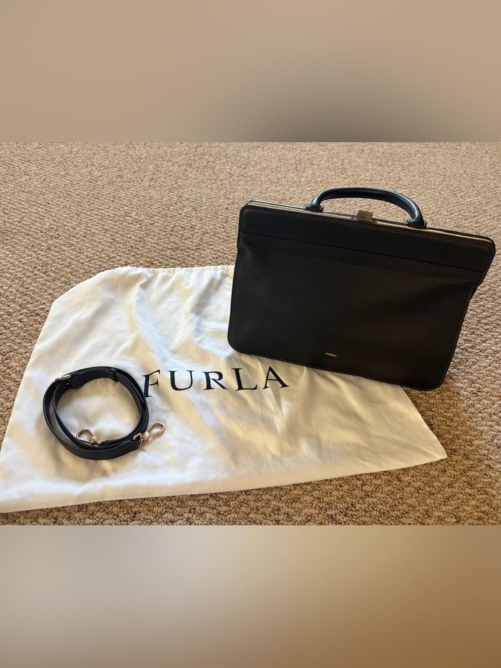 Furla Black Leather Structured Top-Handle Satchel